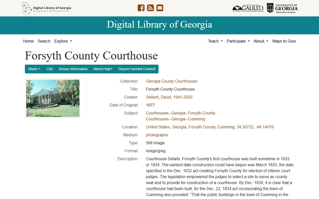 Forsyth County historic courthouse record on the Digital Library of Georgia