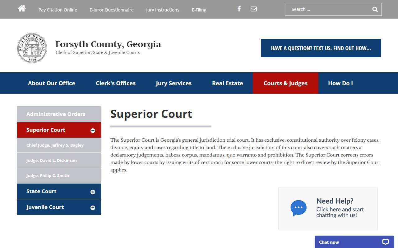 Forsyth County Superior Court judges page showing court dockets and judicial assignments