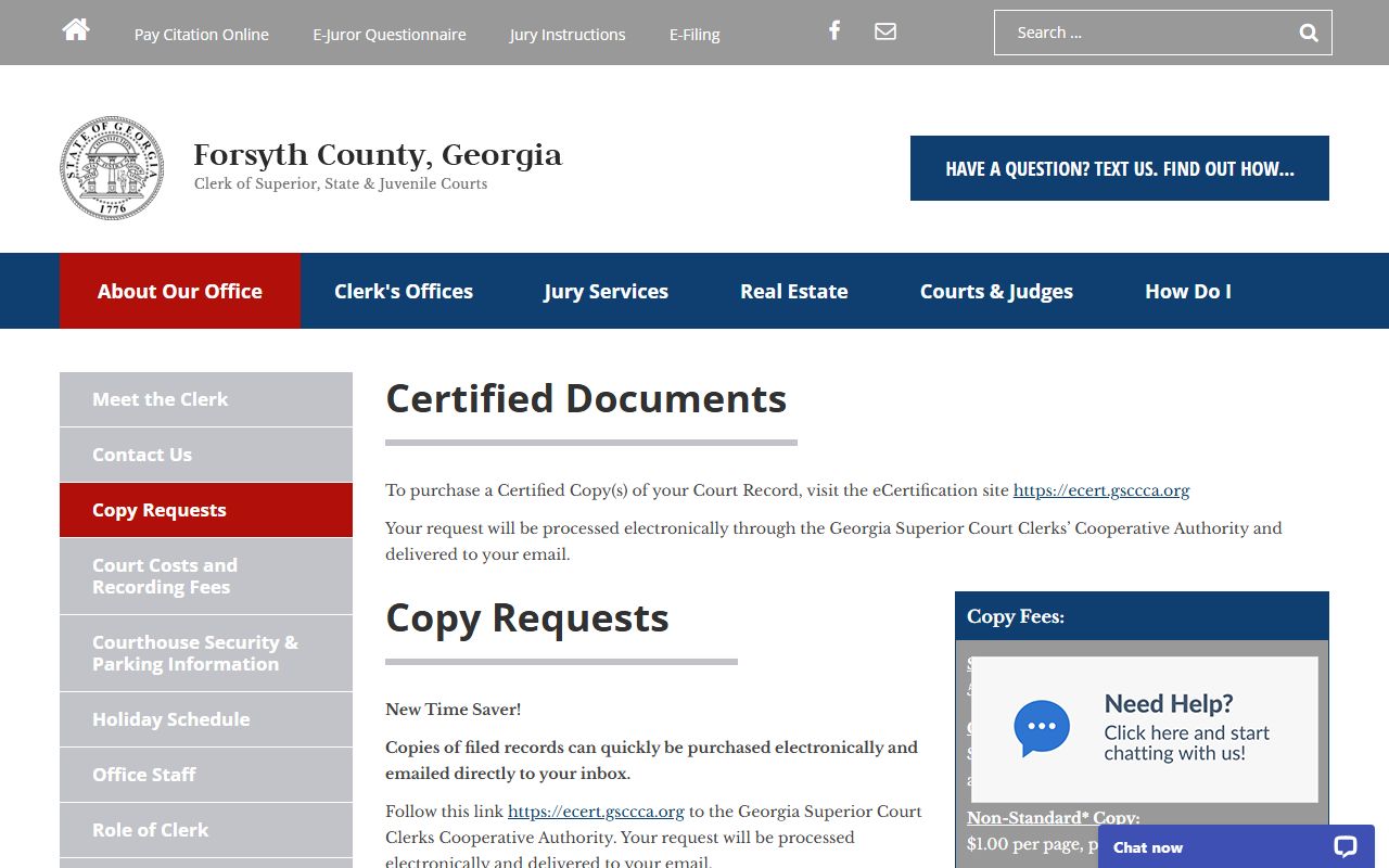 Forsyth County Clerk copy requests page for court records copy fees