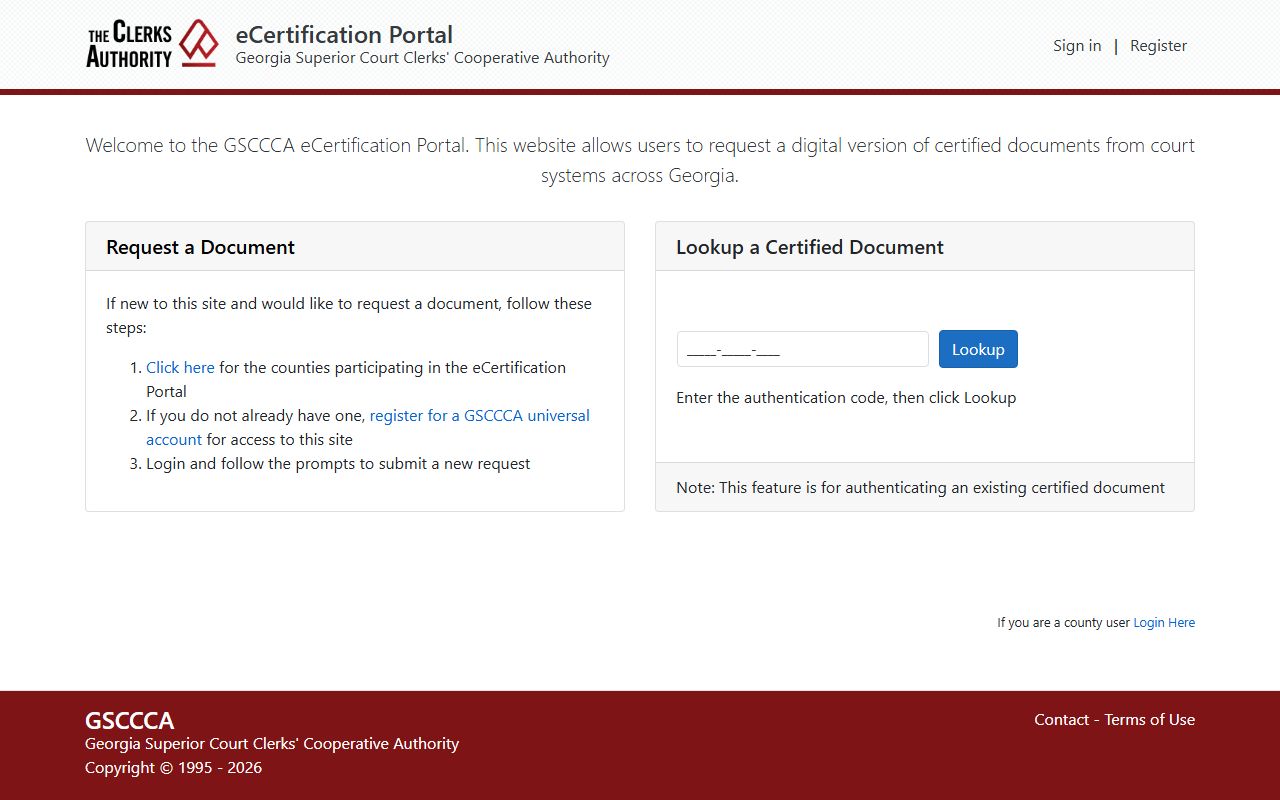 Forsyth County GSCCCA eCertification portal for certified copies of court records