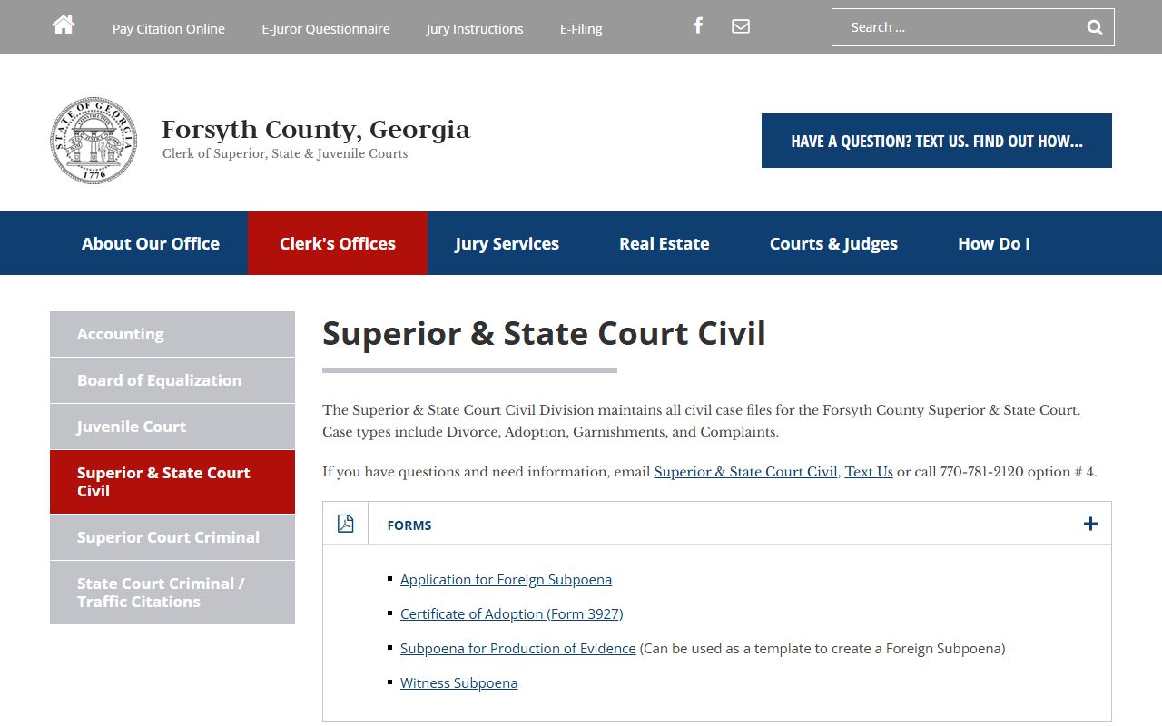 Forsyth County Superior and State Court civil division page for civil court records