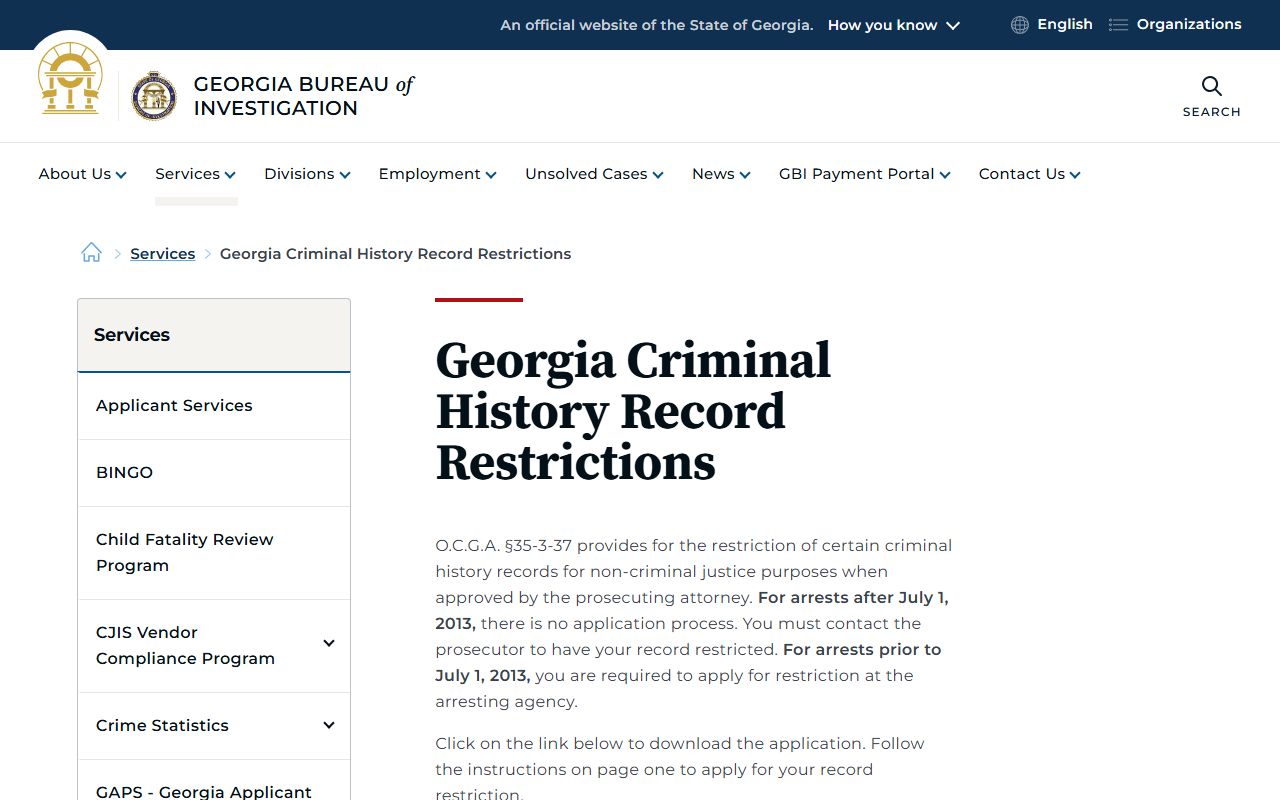 Forsyth County criminal records restriction page on the Georgia Bureau of Investigation site