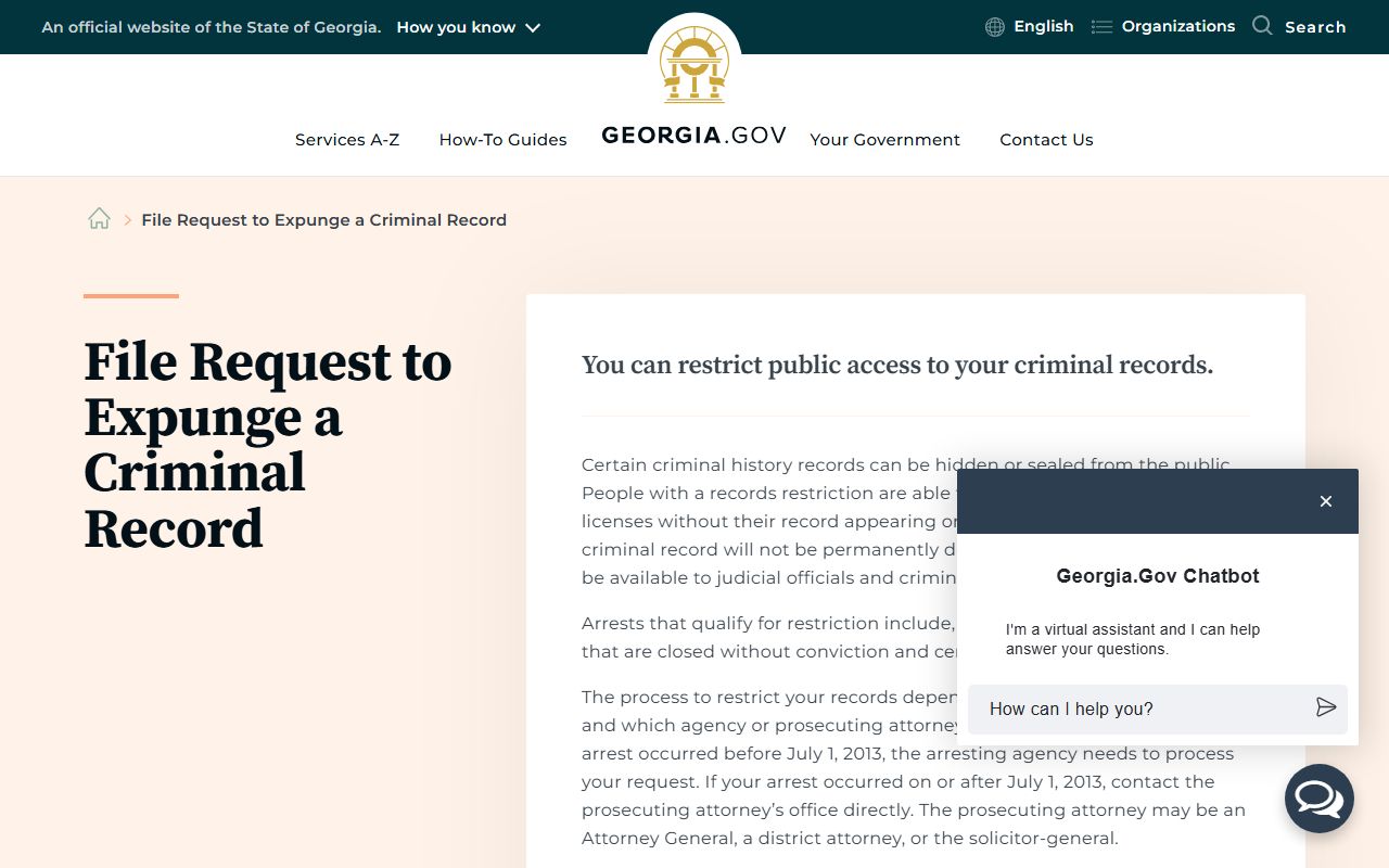 Forsyth County Georgia criminal record restriction request page on Georgia.gov