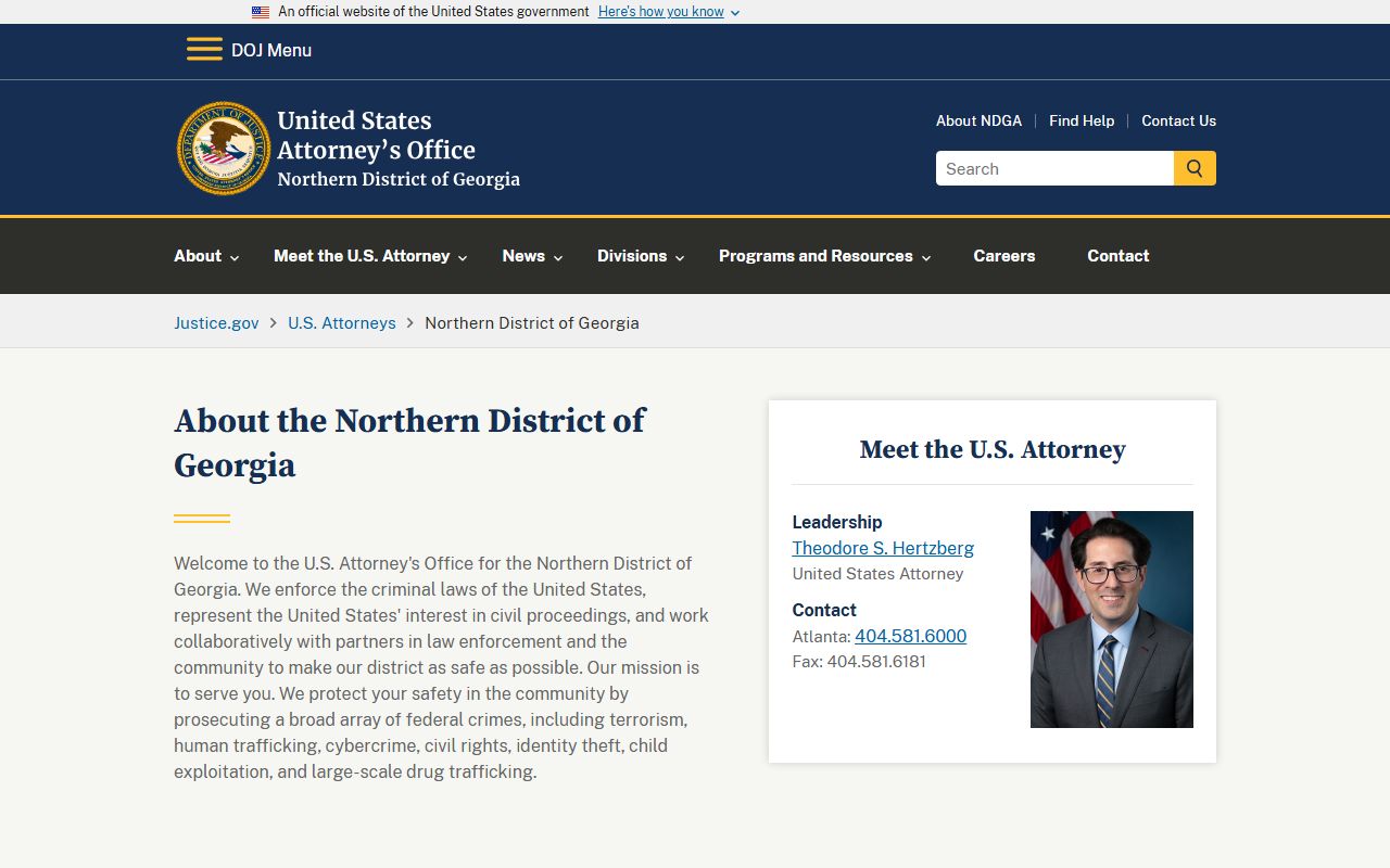 Forsyth County federal criminal records source: Northern District of Georgia U.S. Attorney