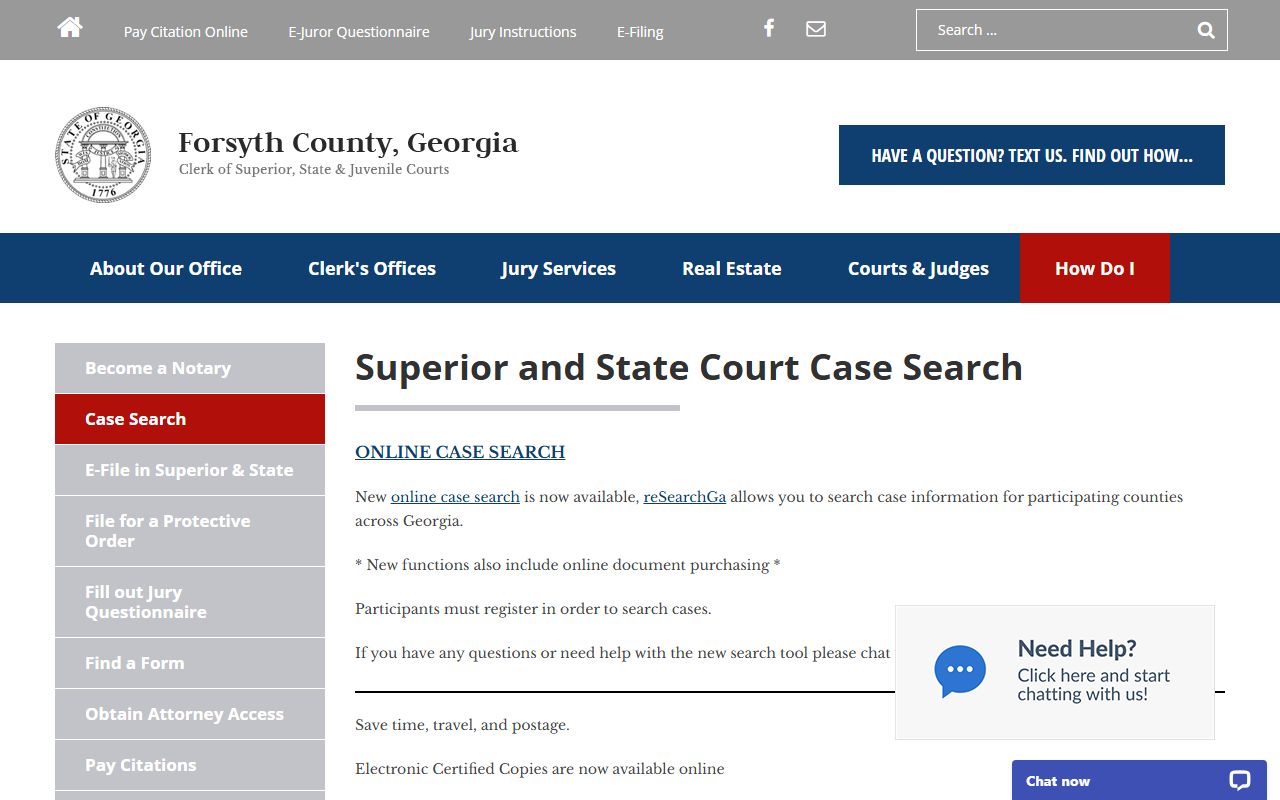 Forsyth County Court records case search page on the Clerk's website