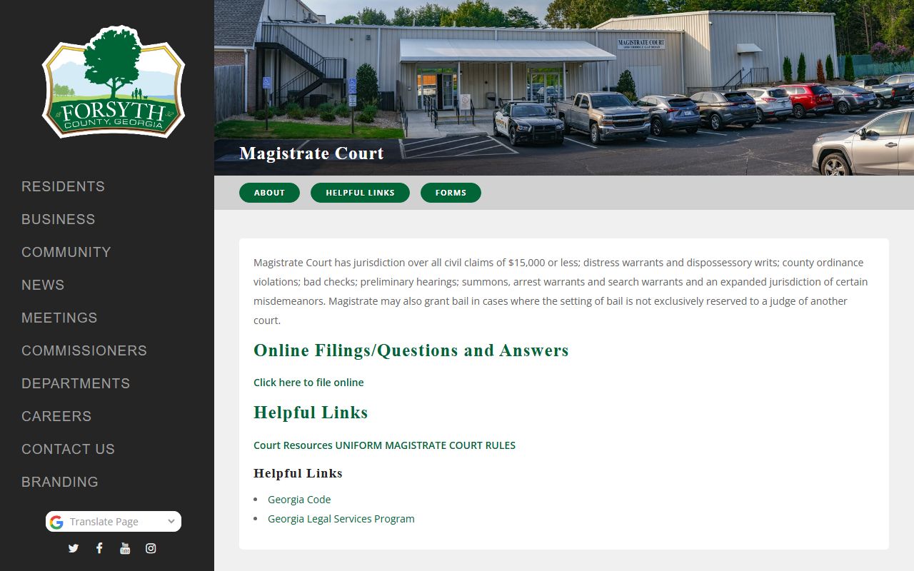 Forsyth County Magistrate Court page used for small claims and warrant records