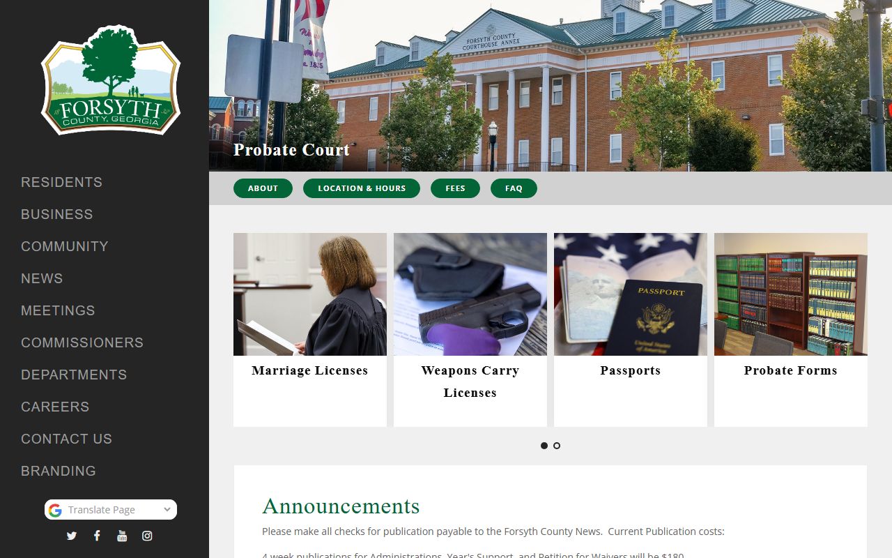 Forsyth County Probate Court page for marriage, divorce, and probate records
