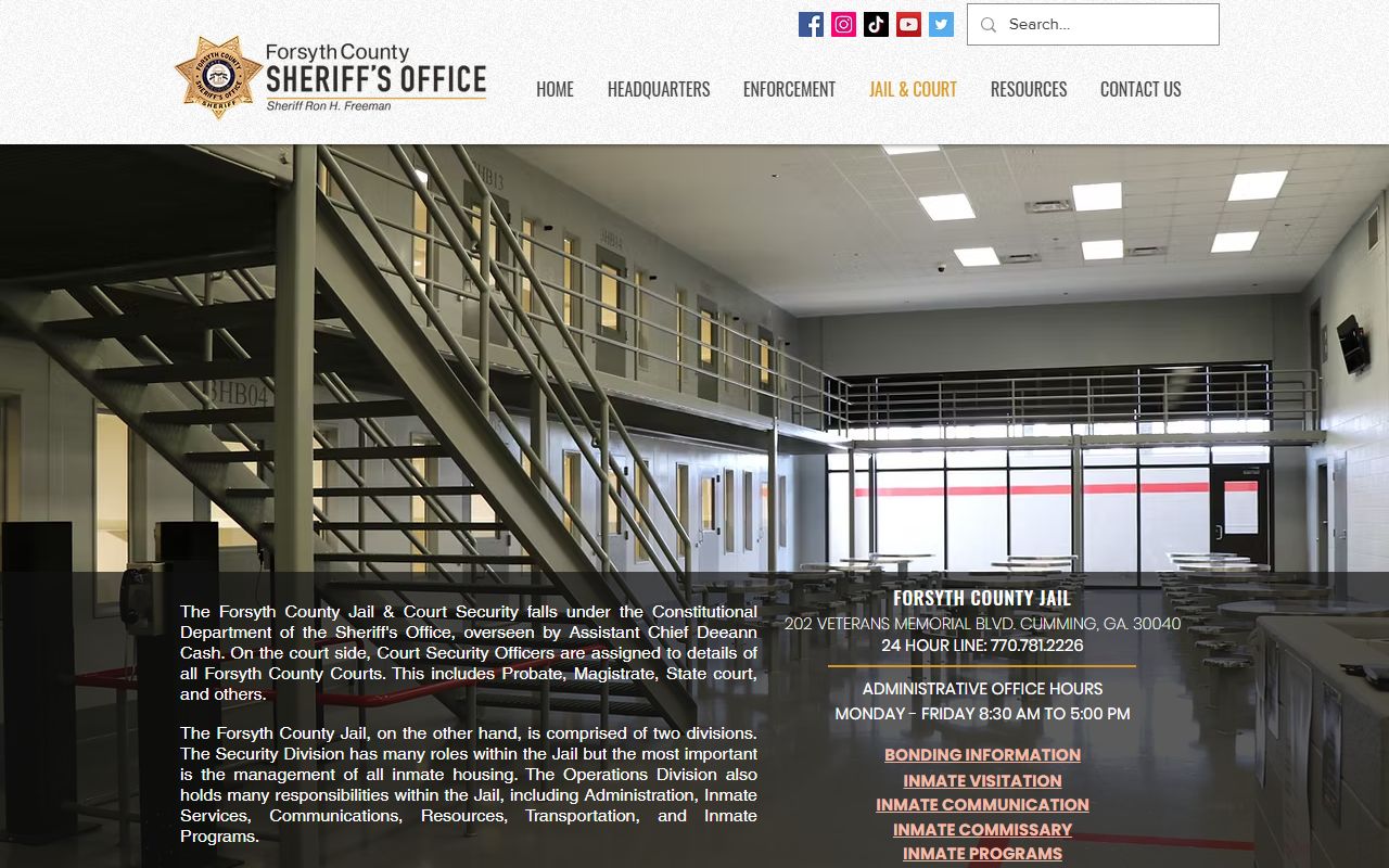 Forsyth County Sheriff jail page used for inmate and arrest records
