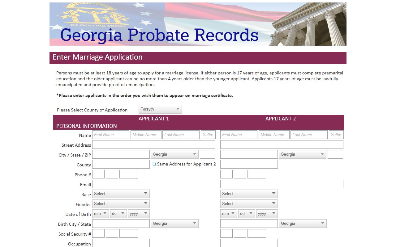 Forsyth County marriage and divorce records application through Georgia Probate Records