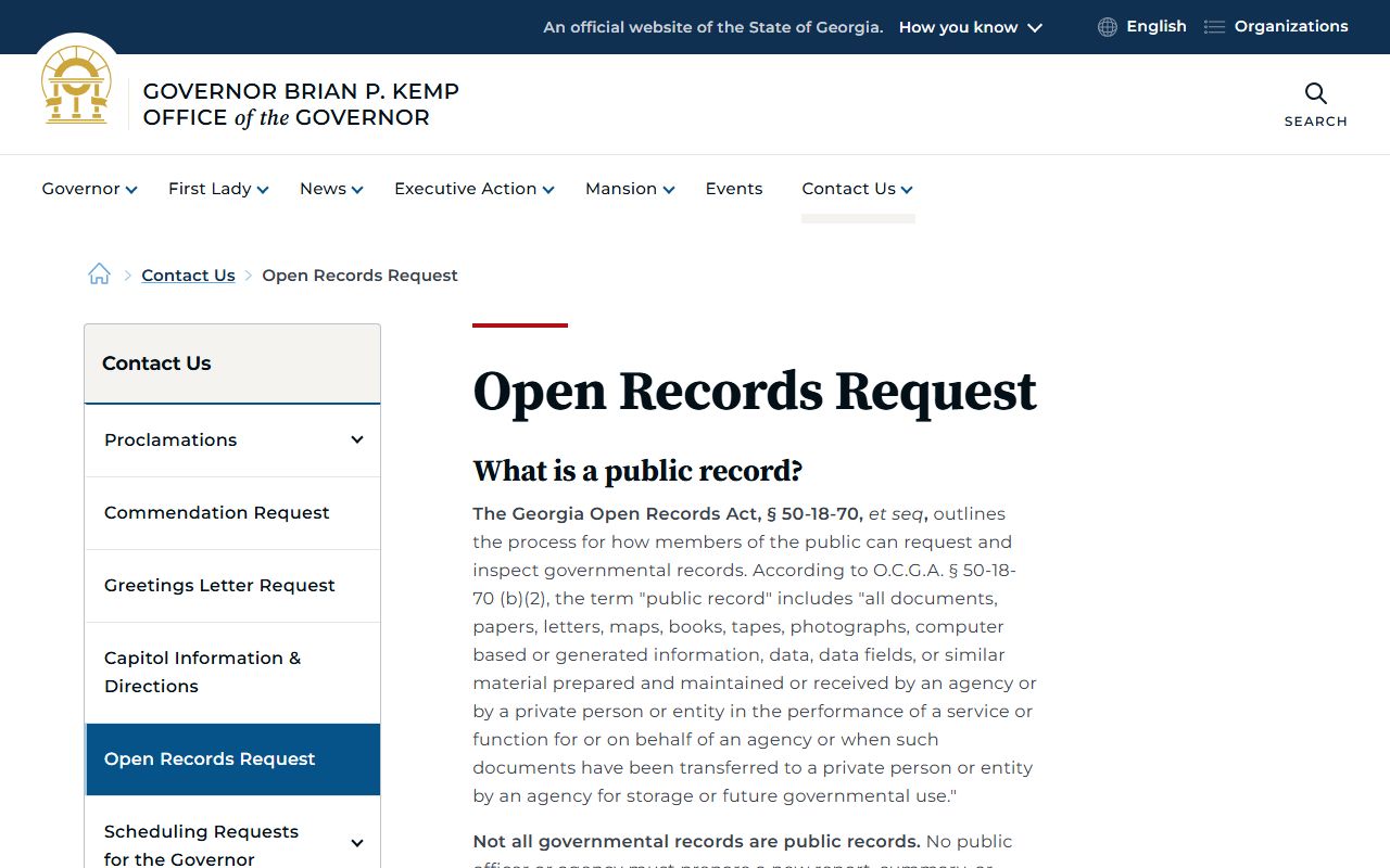 Forsyth County public records framework on the Georgia Governor's open records page